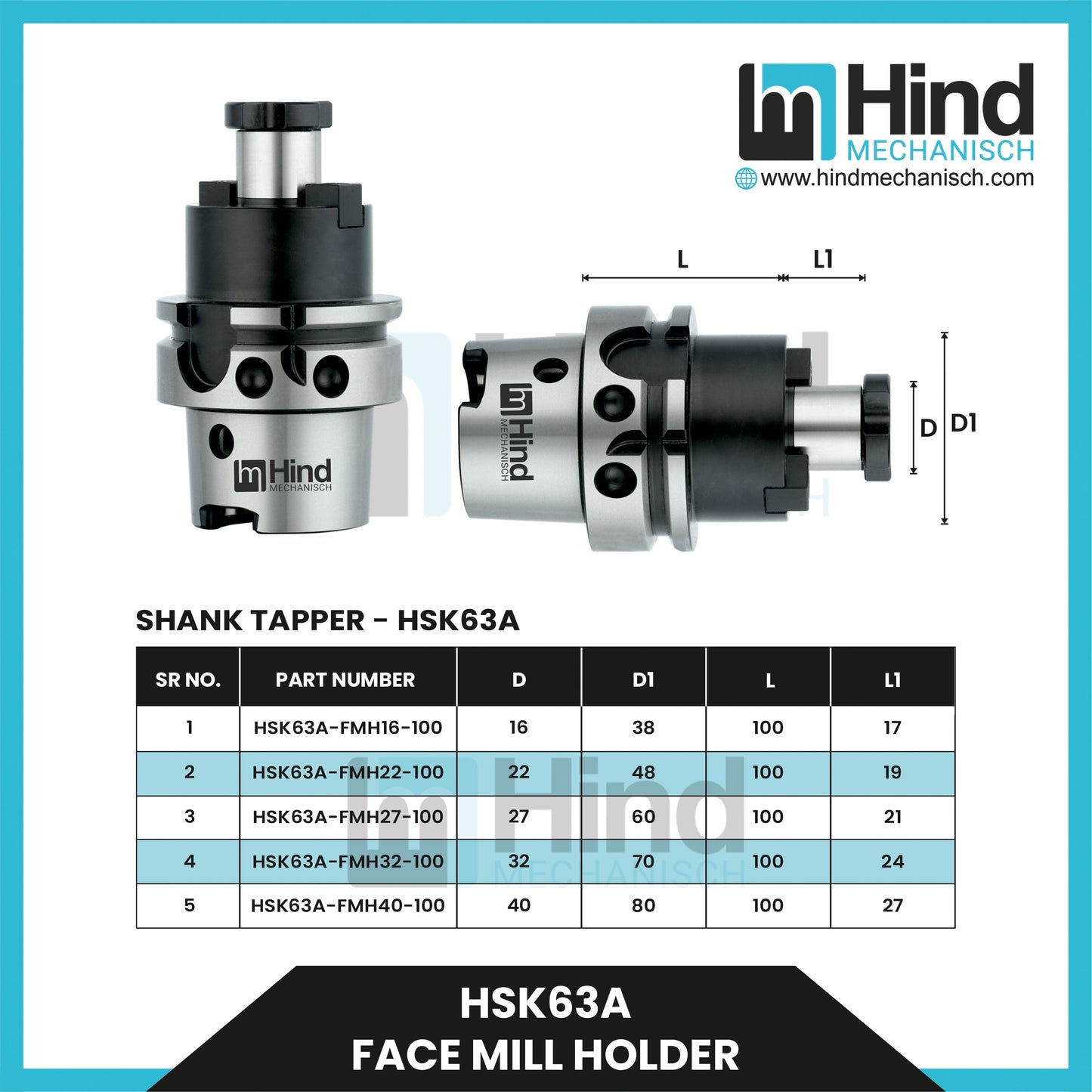 HSK63-F Face Mill Tool Holder (UPTO 100)