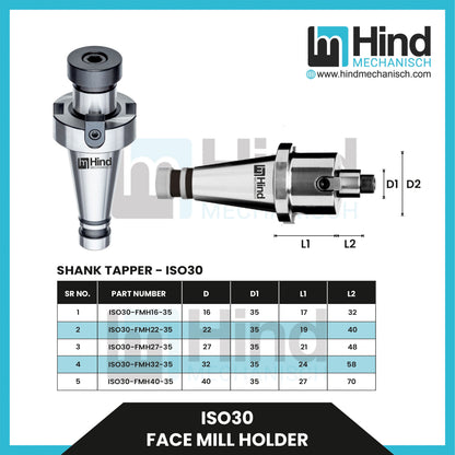 ISO30 Face Mill Tool Holder (UPTO 100L)