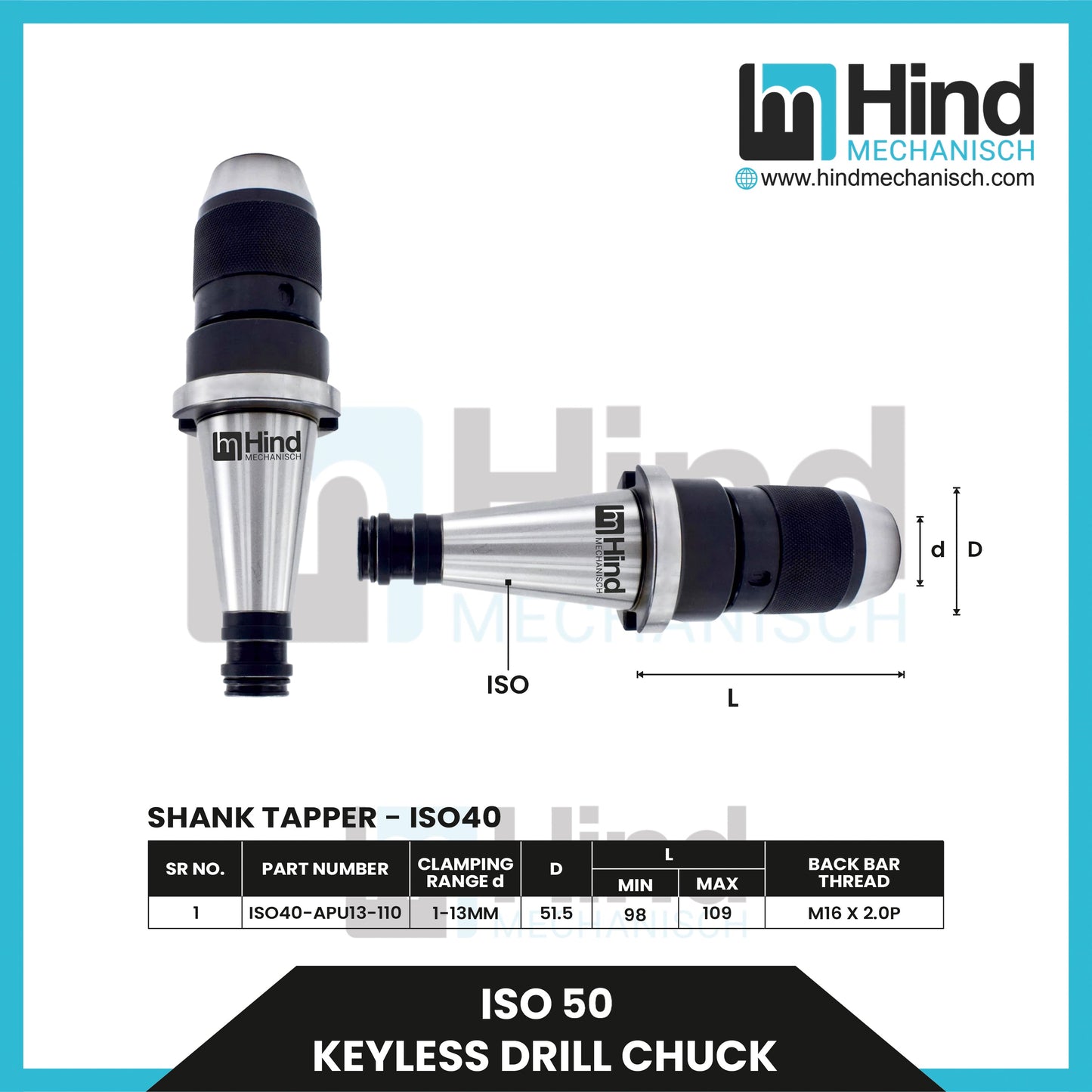 ISO50 Keyless Drill Chuck Tool Holder (100L)