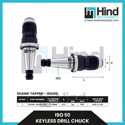 ISO50 Keyless Drill Chuck Tool Holder (100L)