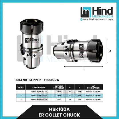 HSK100-A ER Collet Chuck Tool Holder (UPTO 100)