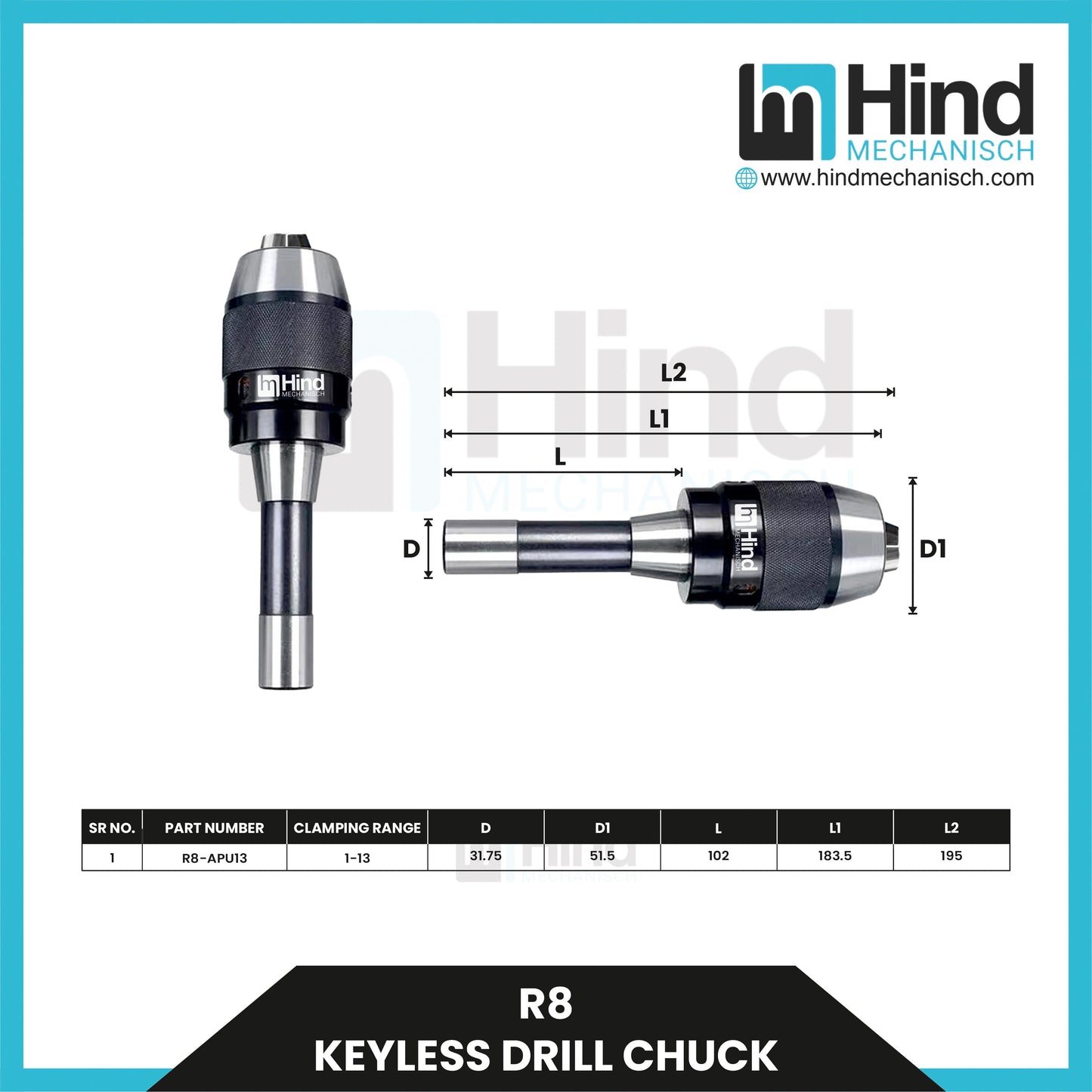 R8 ER Keyless Drill Chuck Tool Holder (100L)